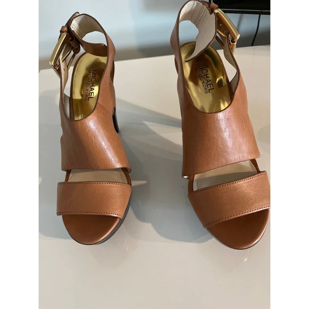 Michael Kors Tan‎ Leather Platform Sandals Gold Buckle Ankle Strap Heels